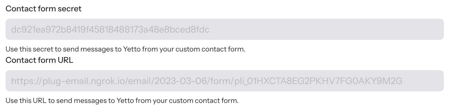 A screenshot of the email plug settings for the contact form secret and contact form URL.